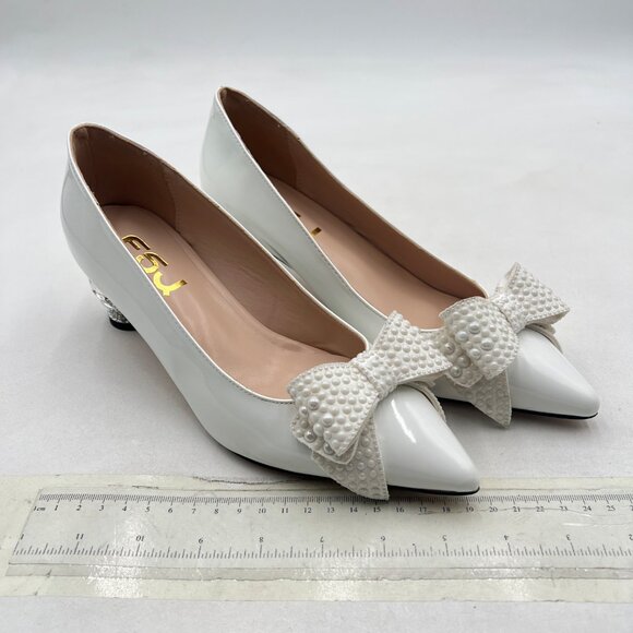FSJ White Pointed Toe Crystal Pump Rhinestone Bow Block Low Heel Slip On Shoes - Picture 4 of 8